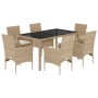 Set comedor jardín 7 pzas cojines ratán sintético vidrio beige