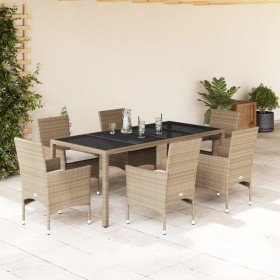 Set comedor jardín 7 pzas cojines ratán sintético vidrio beige