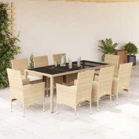 Set comedor jardín 9 pzas cojines ratán sintético vidrio beige Set comedor jardín 9 pzas cojines ratán sintético vidrio beige
