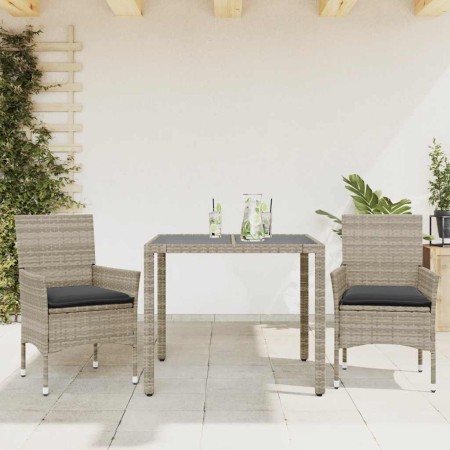 Set comedor jardín 3 pzas y cojines ratán PE vidrio gris claro
