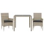Set comedor jardín 3 pzas y cojines ratán PE vidrio gris claro