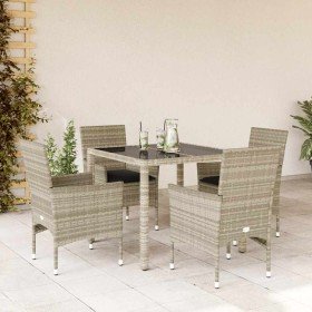Set comedor jardín 5 pzas y cojines ratán PE vidrio gris claro