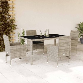 Set comedor jardín 5 pzas y cojines ratán PE vidrio gris claro