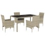 Set comedor jardín 5 pzas y cojines ratán PE vidrio gris claro