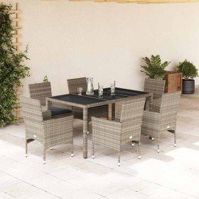 Set de comedor jardín 7 piezas y cojines ratán PE y vidrio gris