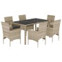 Set de comedor jardín 7 piezas y cojines ratán PE y vidrio gris