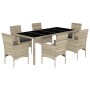 Set de comedor jardín 7 piezas y cojines ratán PE y vidrio gris