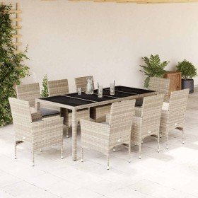 Set de comedor jardín 9 piezas y cojines ratán PE y vidrio gris Set de comedor jardín 9 piezas y cojines ratán PE y vidrio gris