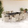 Set de comedor jardín 9 piezas y cojines ratán PE y vidrio gris