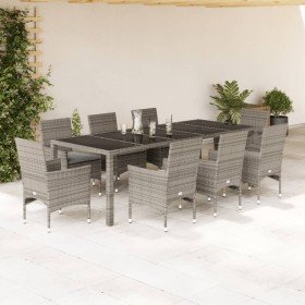 Set comedor jardín 9 pzas y cojines ratán sintético vidrio gris