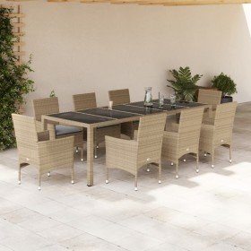Set comedor jardín 9 pzas cojines ratán sintético vidrio beige