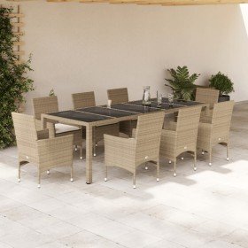 Set comedor jardín 9 pzas cojines ratán sintético vidrio beige