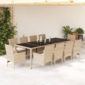 Set comedor jardín 11 pzas cojines ratán sintético vidrio beige