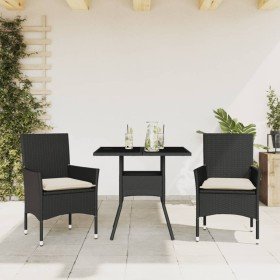 Set comedor jardín 3 pzas cojines ratán sintético vidrio negro Set comedor jardín 3 pzas cojines ratán sintético vidrio negro