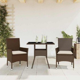 Set comedor jardín 3 pzas cojines ratán sintético vidrio marrón
