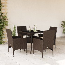 Set comedor jardín 5 pzas cojines ratán sintético vidrio marrón