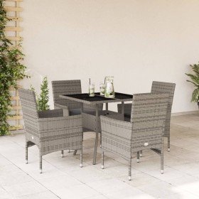 Set comedor jardín 5 pzas y cojines ratán sintético vidrio gris