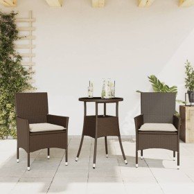 Set comedor jardín 3 pzas cojines ratán sintético vidrio marrón