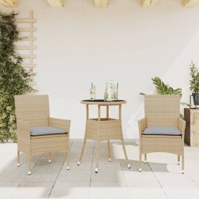 Set comedor jardín 3 pzas cojines ratán sintético vidrio beige Set comedor jardín 3 pzas cojines ratán sintético vidrio beige