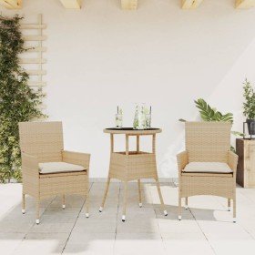 Set comedor jardín 3 pzas cojines ratán sintético vidrio beige