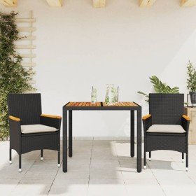 Set de comedor jardín 3 pzas con cojines ratán PE acacia negro Set de comedor jardín 3 pzas con cojines ratán PE acacia negro