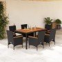 Set de comedor jardín 7 pzas con cojines ratán PE acacia negro