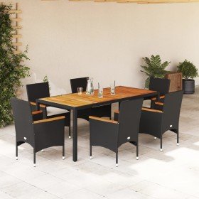 Set de comedor jardín 7 pzas con cojines ratán PE acacia negro
