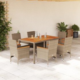 Set de comedor jardín 7 pzas con cojines ratán PE acacia beige Set de comedor jardín 7 pzas con cojines ratán PE acacia beige