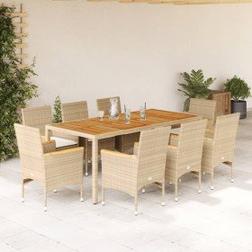 Set de comedor jardín 9 pzas con cojines ratán PE acacia beige Set de comedor jardín 9 pzas con cojines ratán PE acacia beige