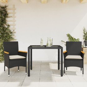 Set comedor jardín 3 pzas cojines ratán sintético vidrio negro Set comedor jardín 3 pzas cojines ratán sintético vidrio negro