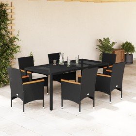 Set comedor jardín 7 pzas cojines ratán sintético vidrio negro