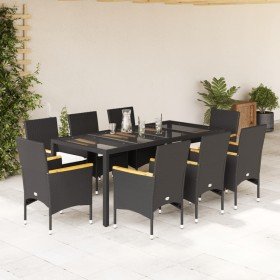 Set comedor jardín 9 pzas cojines ratán sintético vidrio negro en Conjuntos de jardín | Comprar online en Foro24