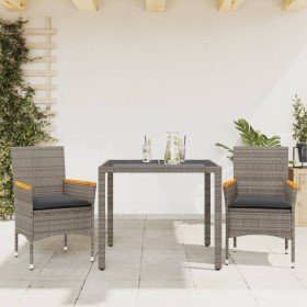 Set comedor jardín 3 pzas y cojines ratán sintético vidrio gris