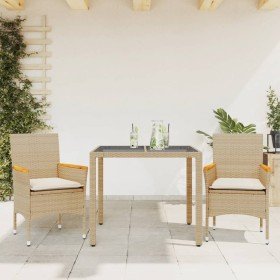 Set comedor jardín 3 pzas cojines ratán sintético vidrio beige