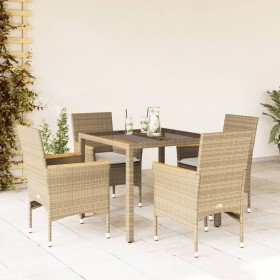 Set comedor jardín 5 pzas cojines ratán sintético vidrio beige Set comedor jardín 5 pzas cojines ratán sintético vidrio beige