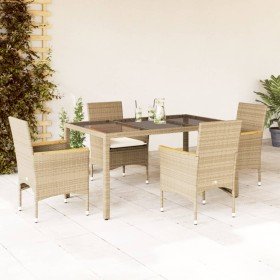 Set comedor jardín 5 pzas cojines ratán sintético vidrio beige en Conjuntos de jardín | Comprar online en Foro24