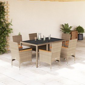 Set comedor jardín 7 pzas cojines ratán sintético vidrio beige Set comedor jardín 7 pzas cojines ratán sintético vidrio beige