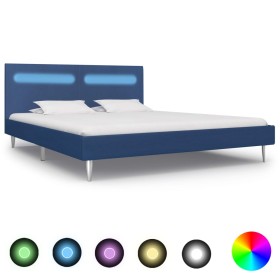 Estructura de cama con LED tela azul 180x200 cm