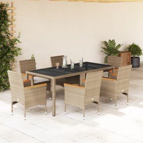 Set comedor jardín 7 pzas cojines ratán sintético vidrio beige Set comedor jardín 7 pzas cojines ratán sintético vidrio beige