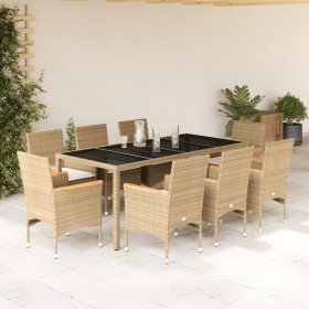 Set comedor jardín 9 pzas cojines ratán sintético vidrio beige en Conjuntos de jardín | Comprar online en Foro24