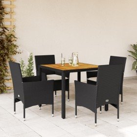 Set de comedor jardín 5 pzas con cojines ratán PE acacia negro Set de comedor jardín 5 pzas con cojines ratán PE acacia negro