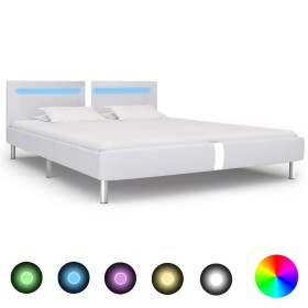 Estructura de cama con LED cuero sintético blanco 