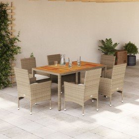 Set de comedor jardín 7 pzas con cojines ratán PE acacia beige