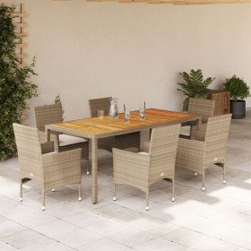 Set de comedor jardín 7 pzas con cojines ratán PE acacia beige