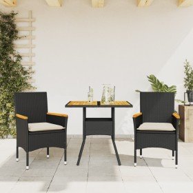 Set de comedor jardín 3 pzas con cojines ratán PE acacia negro