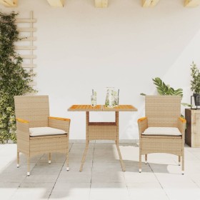 Set de comedor jardín 3 pzas con cojines ratán PE acacia beige Set de comedor jardín 3 pzas con cojines ratán PE acacia beige