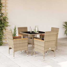 Set comedor jardín 5 pzas cojines ratán sintético vidrio beige en Conjuntos de jardín | Comprar online en Foro24