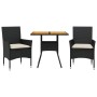 Set de comedor jardín 3 pzas con cojines ratán PE acacia negro