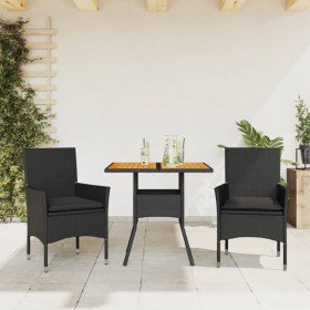 Set de comedor jardín 3 pzas con cojines ratán PE acacia negro