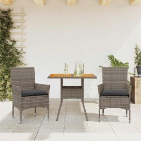 Set de comedor jardín 3 pzas con cojines ratán PE acacia gris